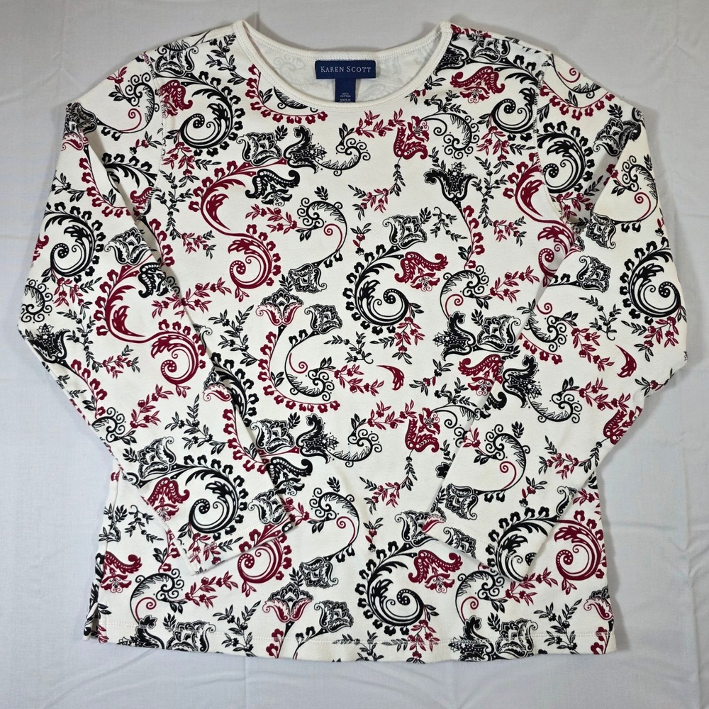 Karen Scott Womens Paisley Floral Scroll Long Sleeve Cotton Top S
